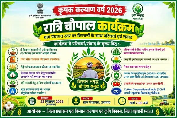 रात्रि चौपाल कार्यक्रम का हरा-सफेद पोस्टर, जिसमें खेत, फसलें, किसान का चित्र और कार्यक्रम के विषय लिखे हैं